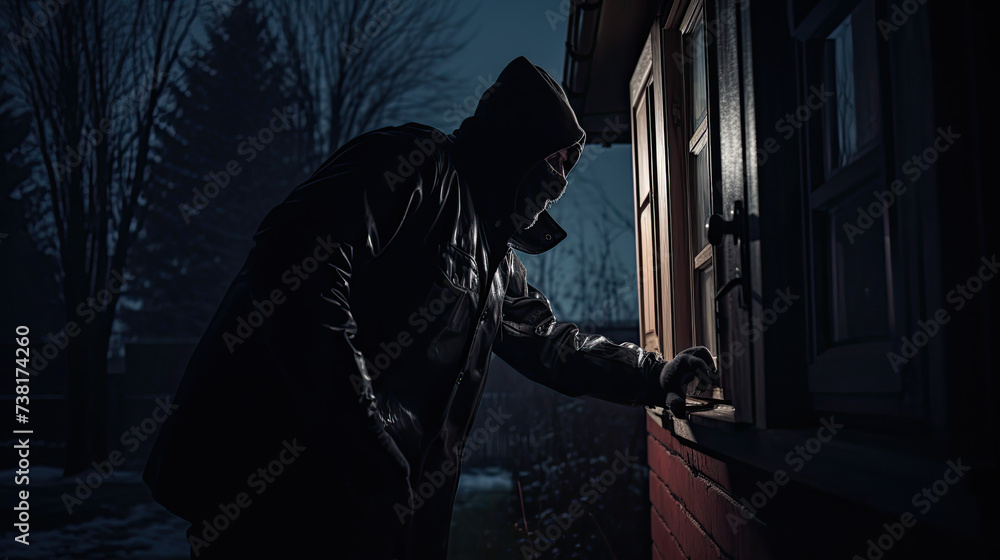 A thief covering his face wearing a hoodie tries to enter a house From the Window by force. Burglar at night. Security concept A thief covering his face wearing a hoodie tries to enter a house From the Window by force. Burglar at night. Security concept
