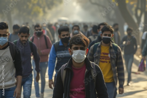 Smoggy air of a megapolis causing people to cough and gasp for breath