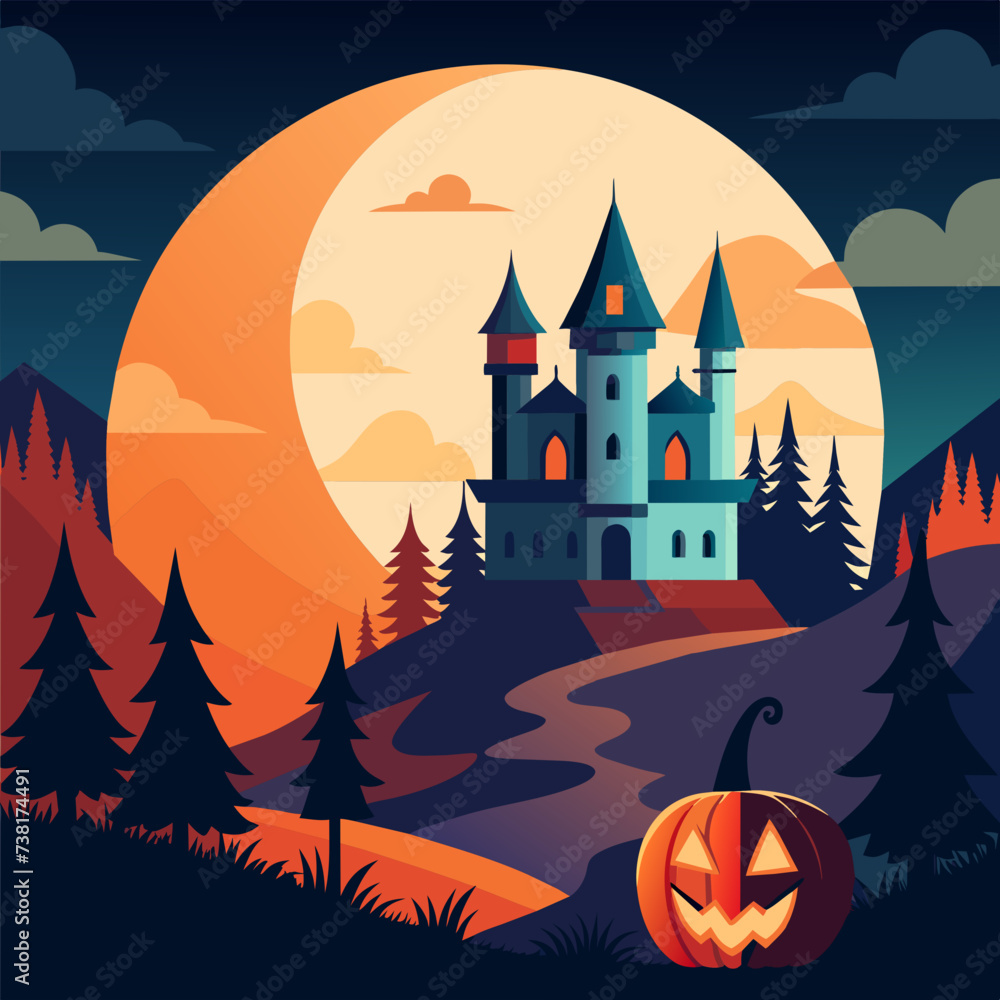 Happy Halloween. Vector illustrations of costume party, pumpkin, pattern, gloomy castle and ghost for background, poster or flyer.