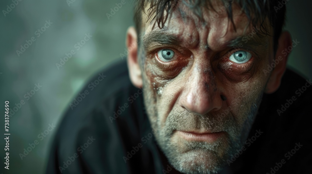 A man with a disheveled appearance and hollow eyes struggling to overcome the intense cravings during his amphetamine withdrawal. A man with a disheveled appearance and hollow eyes struggling to overcome the intense cravings during his amphetamine withdrawal.