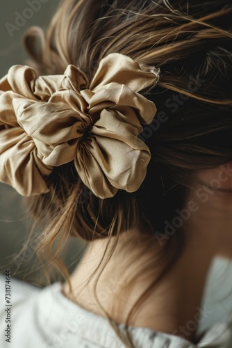 Women's hair tied with a scrunchie. Women's hair tie styles