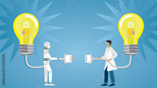 AI robot and health care man connecting their ideas. Teamwork with artificial intelligens. Dimension 16:9. Vector illustration. photo