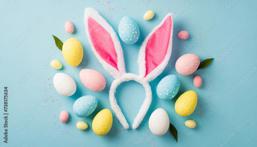 Easter party concept. Top view photo of easter bunny ears white pink blue and yellow eggs on isolated pastel blue background Easter party concept. Top view photo of easter bunny ears white pink blue and yellow eggs on isolated pastel blue background