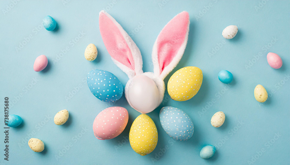 easter party concept top view photo of easter bunny ears white pink blue and yellow eggs on isolated pastel blue background with copyspace easter party concept top view photo of easter bunny ears white pink blue and yellow eggs on isolated pastel blue background with copyspace