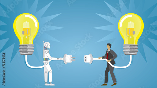 AI robot and man connecting their ideas. Teamwork with artificial intelligens. Dimension 16:9.  Vector illustration. photo