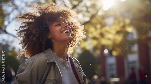 A young African American woman with short hair is seen dancing and laughing in a public park during springtime - black girl wearing casual clothes, exuding joy, liveliness, and youthfulness photo