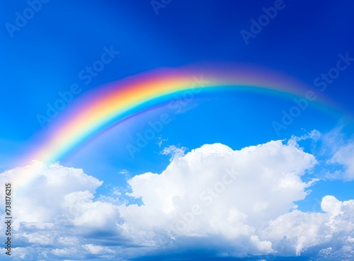 Rainbow in the blue sky with white clouds and rainbow. © Darcraft