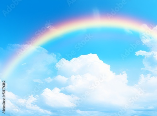 Rainbow in the blue sky with white clouds and rainbow.