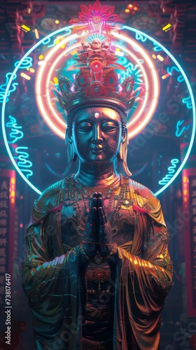 A majestic deity with a neon encrusted crown atop their head