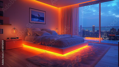 Sleek bedroom design with neon accents, adding a pop of color to the contemporary space