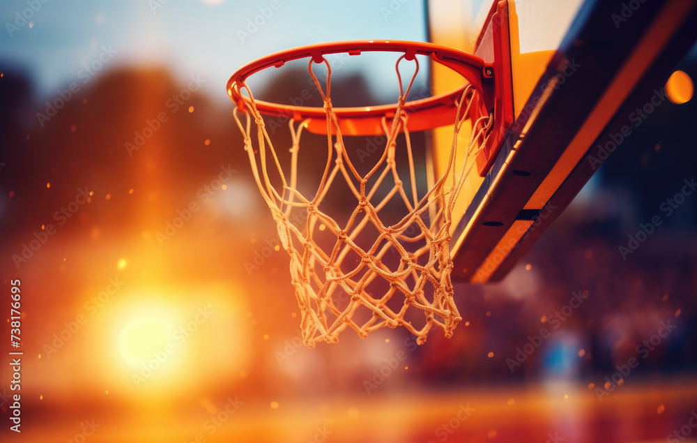 Close-Up Photograph of a Basketball Hoop During Sunset, Bathed in Golden Rays, Capturing the Essence of Outdoor Athletics and Leisure, Ideal for Sports Magazines, Fitness Promotions