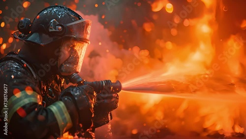 Firefighters rescue team extinguishing fire building. Fireman extinguish fire with the hose. Burning house fire drill. High quality 4k footage slomotion flames photo