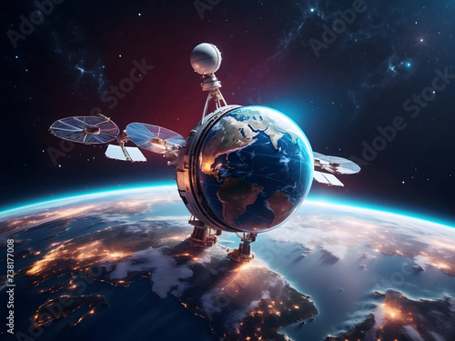 Using cutting-edge technology, a telecom communication satellite is orbiting the planet, carrying a GPS space orbit services banner and datum holographic information for online and internet connection