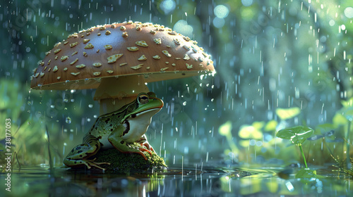 A serene frog shelters under a large mushroom as rain gently falls around it, creating a peaceful scene in a vibrant, lush forest setting.Animal behavior concept. AI generated. photo