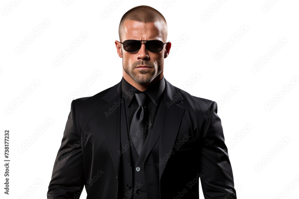 Man in a Black Suit and Sunglasses. A professional looking man wearing a black suit and sunglasses stands confidently.