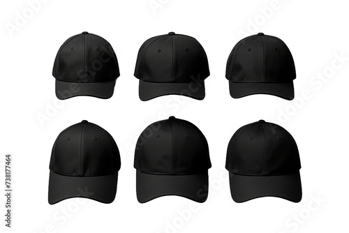 Six Black Baseball Caps. A photo showcasing six baseball caps in black color placed neatly on a plain Transparent background.