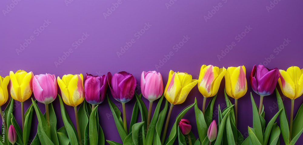 colorful row of pink  , violet and yellow tulips against a purple backdrop for vibrant spring decorations , with copy space for text , women and mother's day  festive , march month , easter  season 