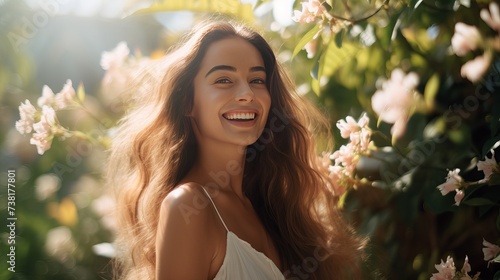 Beautiful young woman with smooth tanned skin laughs cheerfully while standing against the background of exotic plants and flowers. Natural cosmetics, skin care