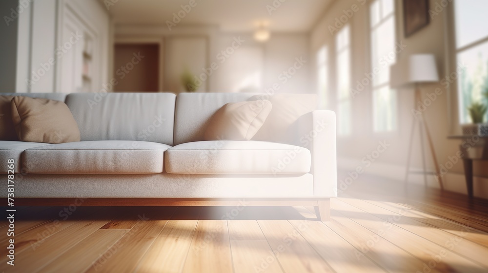 Blurred view of light living room with sofa and soft bench Blurred view of light living room with sofa and soft bench