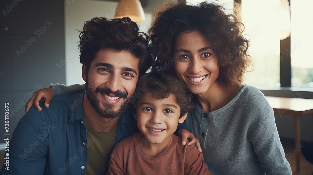 Cheerful african mother and indian father playing with son at home. Cute boy enjoying sitting on father shoulder while looking at camera. Middle eastern family having fun together on the sofa at home