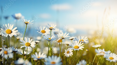 Chamomiles daisies macro in summer spring field on background blue sky with sunshine and a flying butterfly, nature panoramic view. Summer natural landscape with copy space