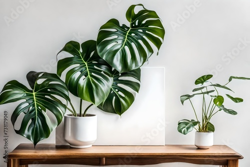 plant on the table, Behold the beauty of a monstera plant flourishing in a ceramic pot, positioned elegantly in front of a pristine white house wall. The lush green leaves of the monstera cascade grac photo