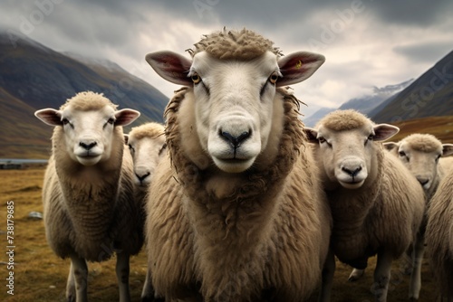 A group or herd of sheep looking in the camera