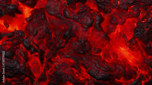 Stream of volcanic red cooling lava after volcanic eruption. In places, cooled lava is covered with black crust. Consequences of natural cataclysm, disaster. Natural background. Full frame. Top view