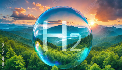 Bulle d’hydrogène (H2), énergie écologique dans le paysage de nature - IA générative