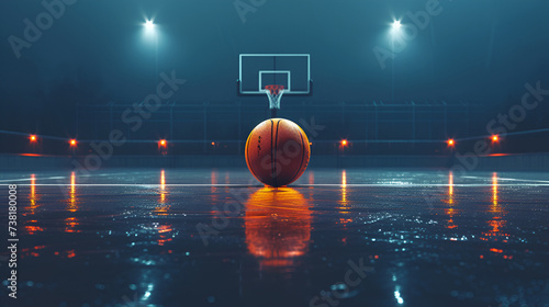 Basketball game sport arena stadium court on spotlight with basket ball on floor, Ball on basketball court with ball, Basketball arena, Generative AI photo