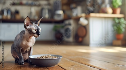 	
Close up cute sphinx cat eating from a bowl against blurred kitchen background, looking at camera with copyspace for text	
