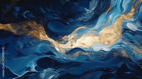 Fantasy fluid art background in blue tints with gilding. Flowing ripple effect of liquid ink. Dark phantom blue with gold. Fluorescent abstract texture of acrylic paints on canvas. Surreal mix colors