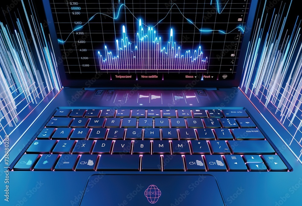 In-Depth Financial Analysis: Hands Typing on Laptop Displaying Dynamic Stock Market Charts - obrazy, fototapety, plakaty 