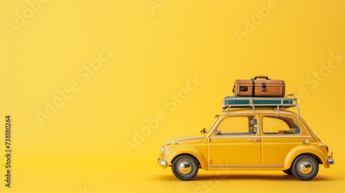 Cute little yellow car on a plain background with luggage on top. Vacation concept with copy space for your text   © Sunny