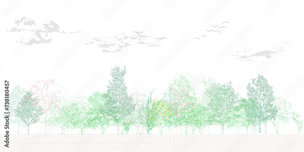 Architectural Drawings, Minimal style cad tree line drawing, Side view, set of graphics trees elements outline symbol for landscape design drawing. Vector illustration in stroke fill in white. - obrazy, fototapety, plakaty 