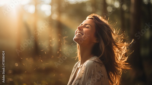 Free woman breathing clean air in nature forest. Happy girl from the back with open arms in happiness. Fresh outdoor woods, wellness healthy lifestyle concept photo