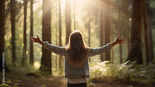 Free woman breathing clean air in nature forest. Happy girl from the back with open arms in happiness. Fresh outdoor woods  wellness healthy lifestyle concept