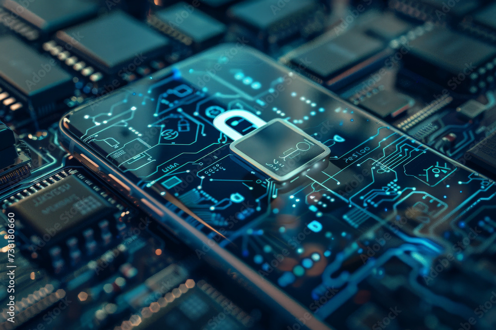 A phone with a padlock on it is on a motherboard A phone with a padlock on it is on a motherboard