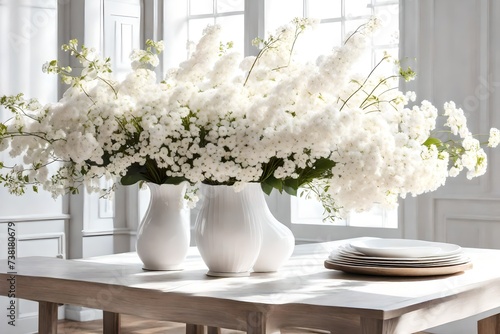 flowers in vase, Enter a realm of timeless elegance with a pristine white vase filled with delicate white flowers, placed atop a table. The white flowers exude purity and grace, their petals unfolding © SANA