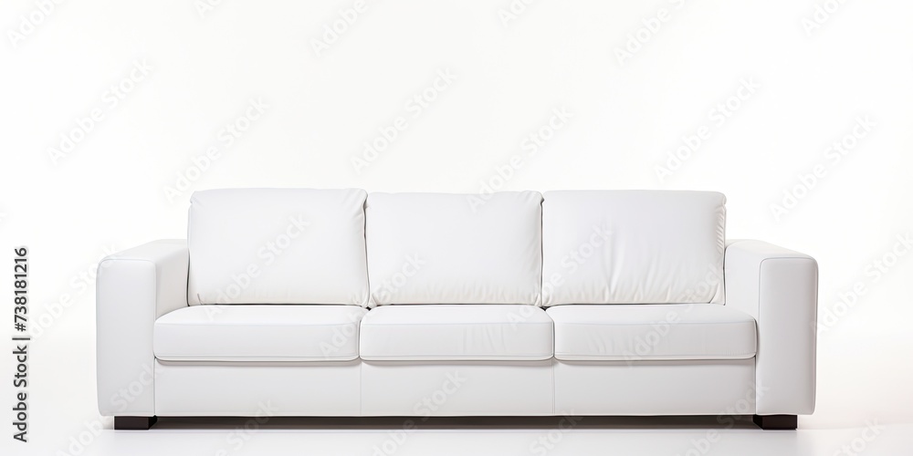 Fototapeta premium Contemporary white fabric sofa with three seats, isolated on a white background.