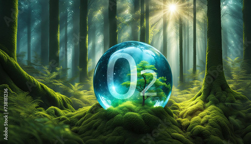 Bulle d'O2 dans les arbres de la forêt, concept de purification de l'air à travers la nature, les plantes absorbent le dioxyde de carbone et libèrent de l’oxygène dans l’air  - IA générative