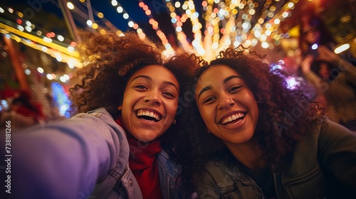 Happy African American woman and her female friend having fun and dancing while attending open air music concert at night © Elchin Abilov