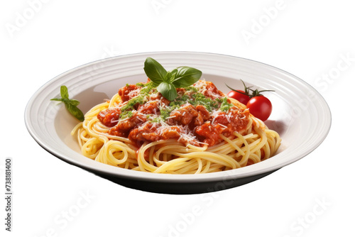 Plate of Spaghetti With Tomato Sauce and Basil. A plate of spaghetti topped with tomato sauce and fresh basil leaves  ready to be enjoyed.