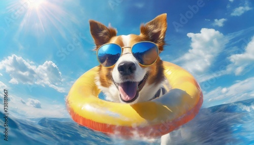 Happy dog with sunglasses and floating ring 