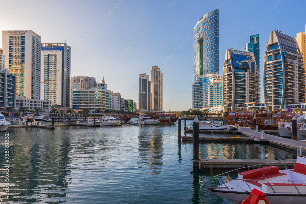 Fototapeta premium DUBAI, UAE- February 05 2024: Skyscrapers at Dubai Marina