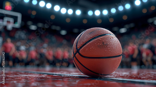 Basketball game sport arena stadium court on spotlight with basket ball on floor, Ball on basketball court with ball, Basketball arena, Generative AI