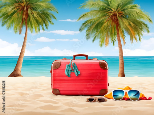 Travel time banner for vacation  luggage with sunglasses for a far-off place to stay  pillows at a beach with palm trees  isolated on a white background with copy space area design.