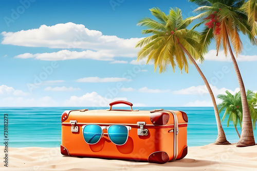 Travel time banner for vacation, luggage with sunglasses for a far-off place to stay, pillows at a beach with palm trees, isolated on a white background with copy space area design. © Mahmud