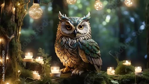 Illustration of a owl sitting in forest slow motion video