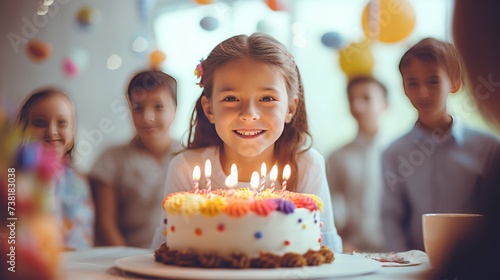 Kids birthday party. Child blowing candles on cake and opening presents. Pastel rainbow theme celebration. Family celebrating at home. Boy opening gifts  eating cakes. Sweets for children